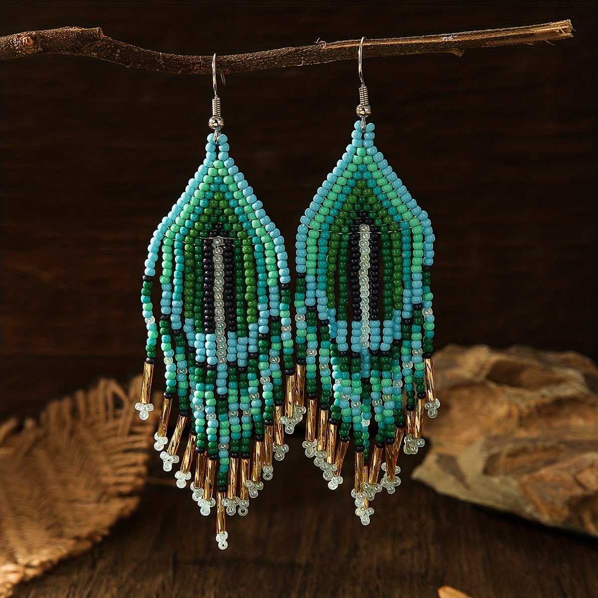 Women's Bohemian Drop Earrings, Teal Green & Golden Accent Beaded